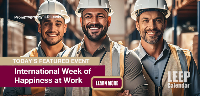 No Image found . This Image is about the event Happiness at Work, Intl. Week of: September 22-26. Click on the event name to see the event detail.